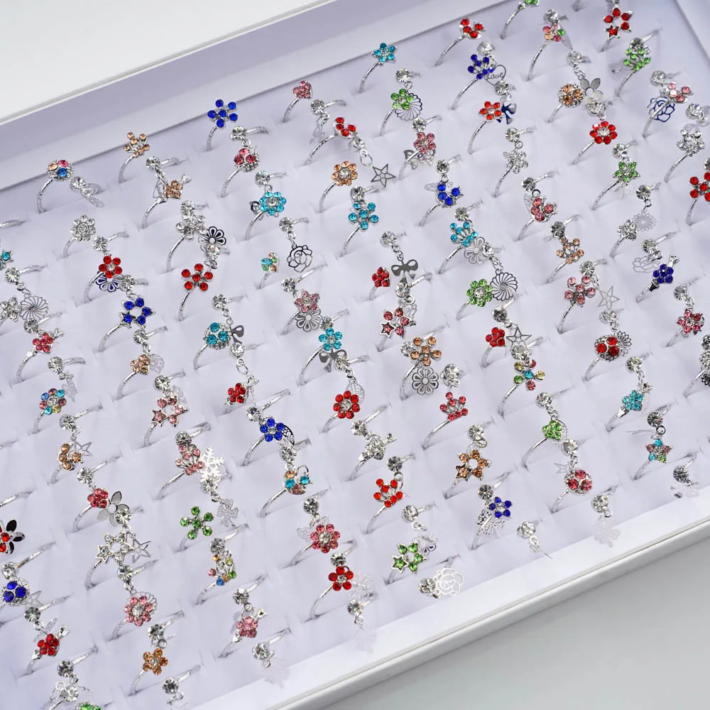 10Pcs/Lot New Korean Fashion Flower Rhinestone Adjustable Rings For Women Girl Sweet Finger Jewelry Mixed Style Accessories Gift