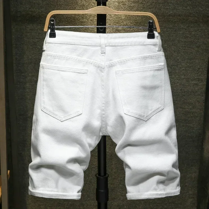 2024 New Men\'s Simple Jeans Shorts White Black Street Wear Fashionable Ripped Knee-length Non-elastic Slim Casual Shorts Male