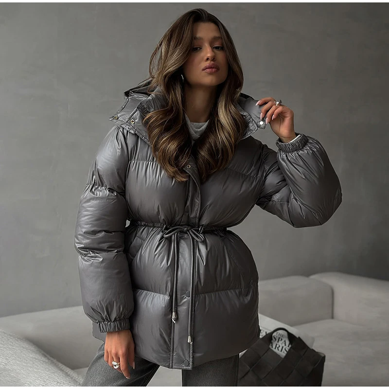 Women's Winter Jacket Hooded Drawstring Zipper Stand-Up Collar Lace Up Winter Jacket Female Loose Casual Chic Jackets For Ladies