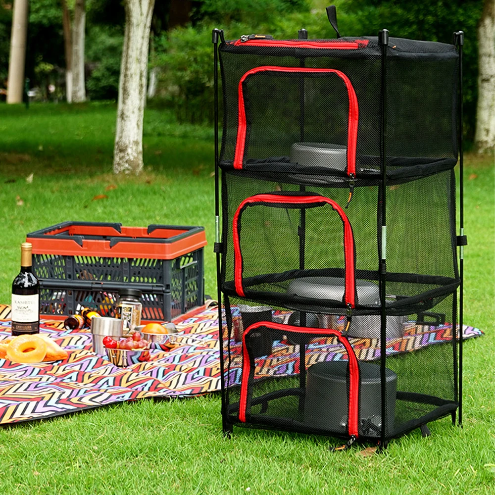 Outdoor Folding Sun Screen Four Tier Storage Basket Storage Basket Camping Mesh Cabinet