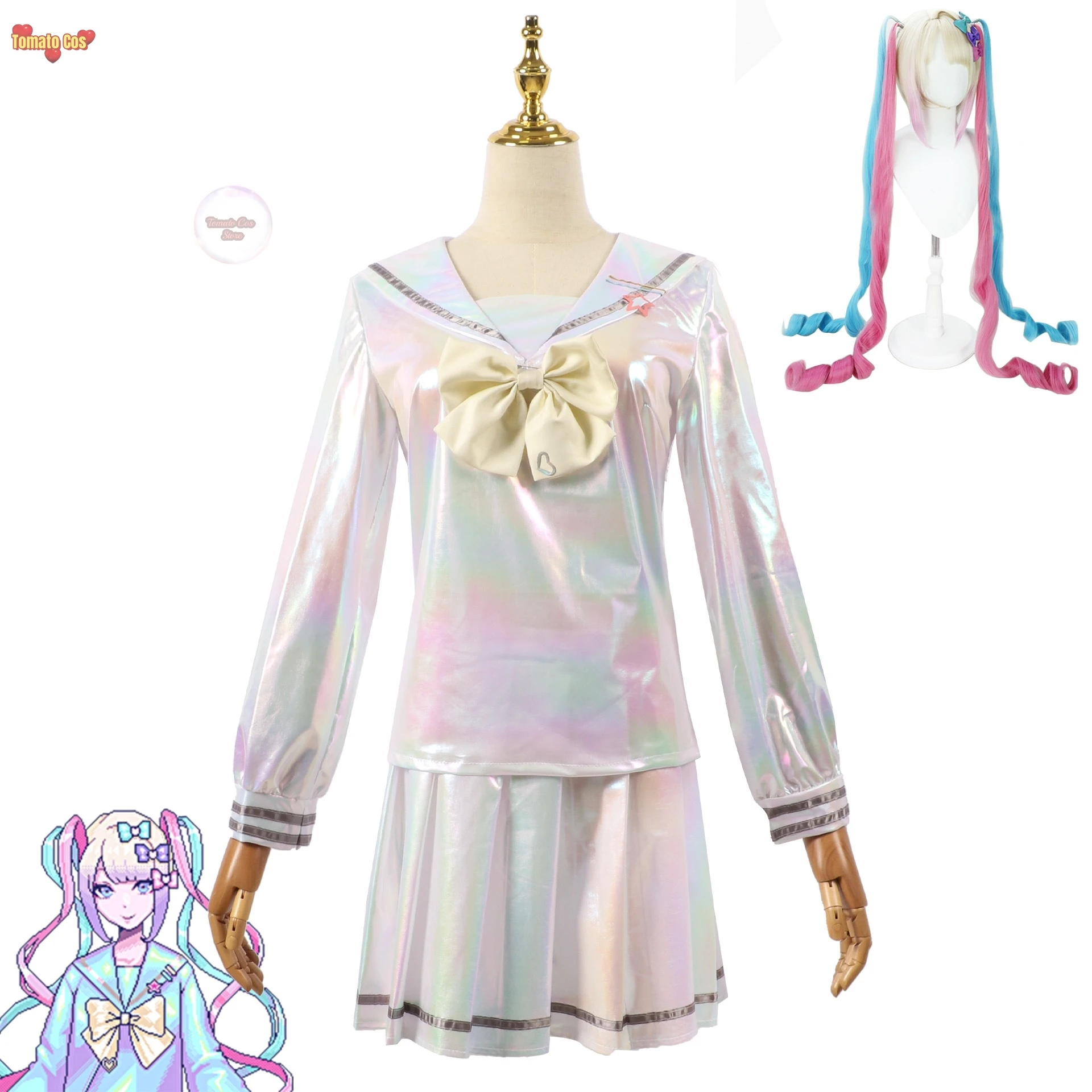 NEEDY GIRL OVERDOSE KAngel Cosplay Costume Lolita Shoes Coat Skirt Uniform Wig Hallowmas COS Laser Color Skirts Ribbon Wig