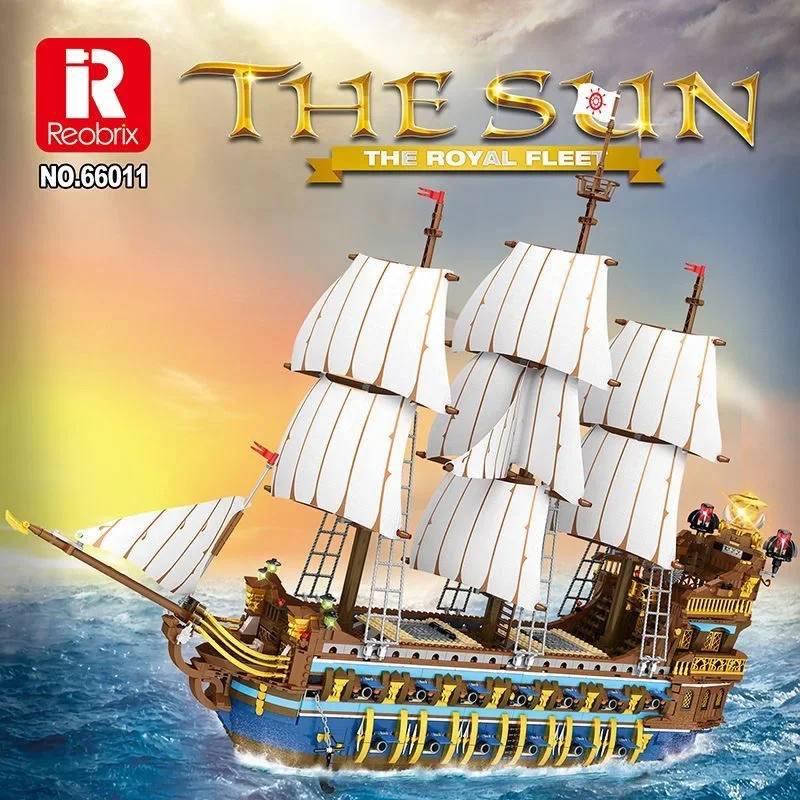 Reobrix 66011 The Royal Fleet The Sun Pirate Ship Model MOC Brick Small Particle Assembly Toys Building Blocks Gift For Boys - view 3