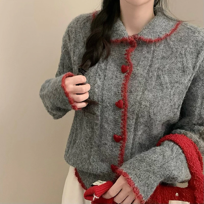 Słodkie, delikatne kardigany z dzianiny, jesienne damskie swetry z kołnierzykiem Piotrusia Pana, zapinane na jeden guzik, płaszcze w stylu koreańskim, modne topy.