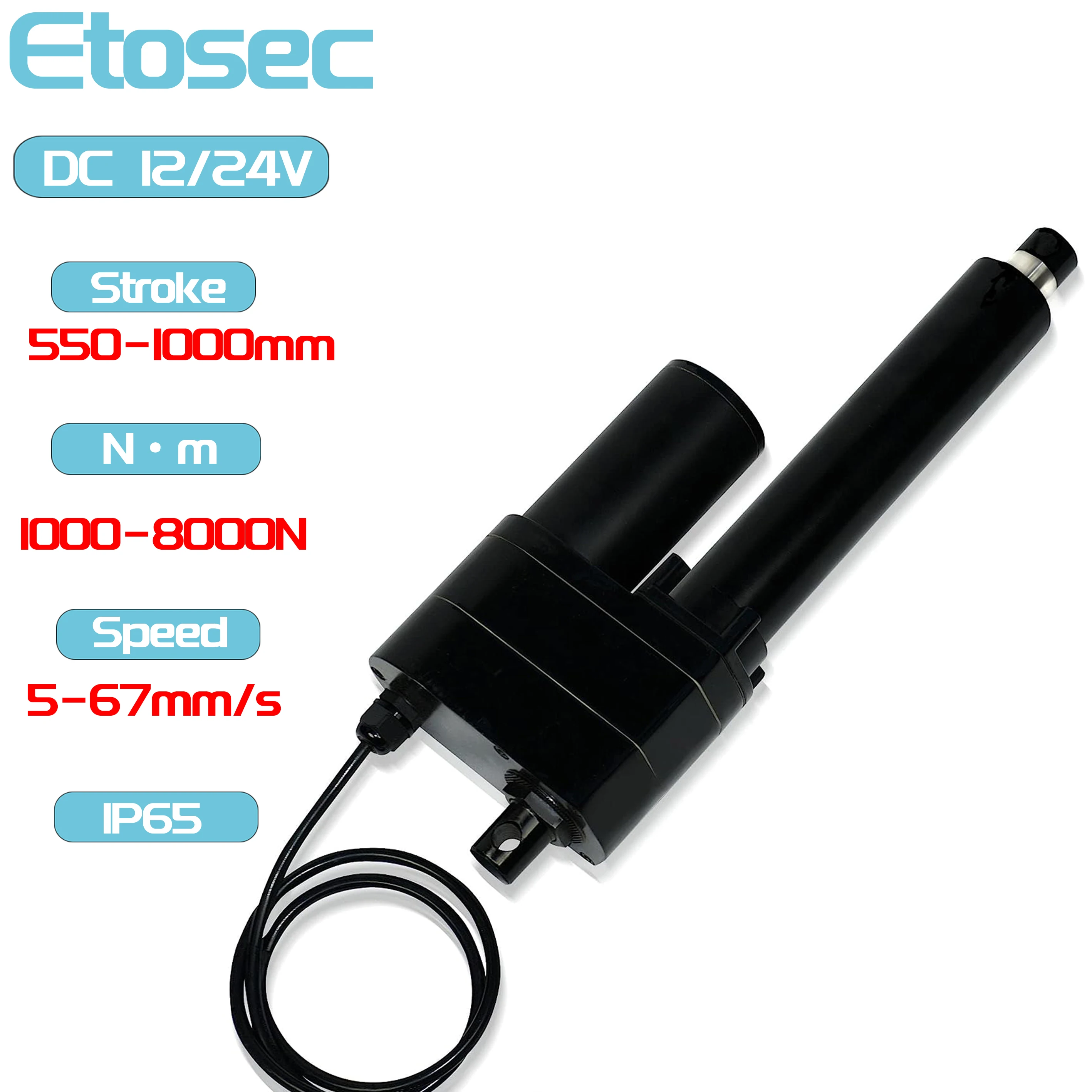 Etosec Linear Actuator 12V 24V 8000N IP65 550mm 600mm 700mm 800mm 900mm 1000mm Stroke Solar Tracker Motorisation of Door 67mm/s