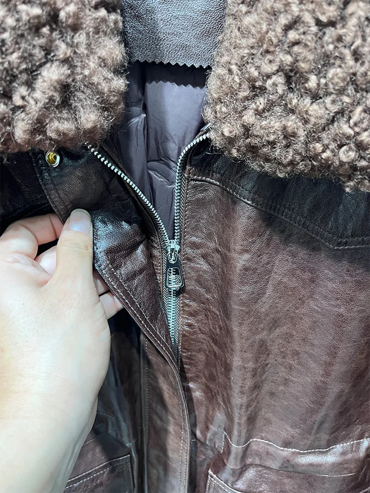 المرأة الدافئة أوزة أسفل سترة جلد الغنم الحقيقي سترة الطبيعية ميرينو الأغنام الفراء طوق معطف فاخر سترة منفوخة #6