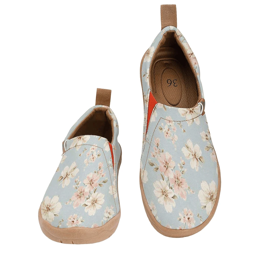 Zapatos sin cordones con puntera ancha y estampado floral de flor de cerezo en azul claro para mujer, zapatos planos informales de lona transpirable con suela suave para caminar
