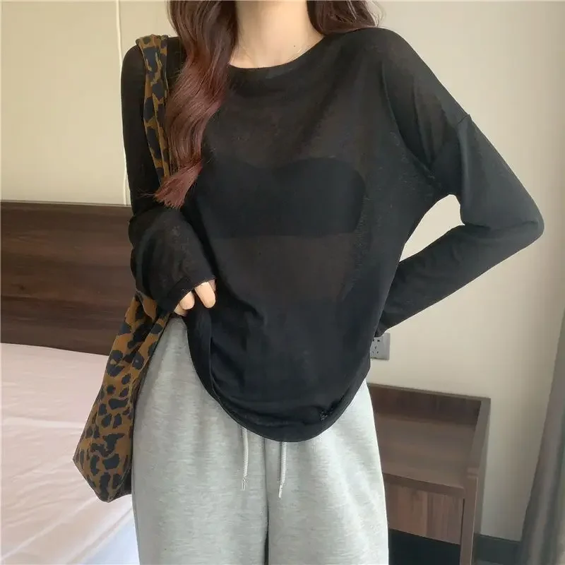 Camisetas transparentes femininas soltas moda coreana verão à prova de sol lazer ajuste limpo all-match manga longa respirável preguiçoso ulzzang