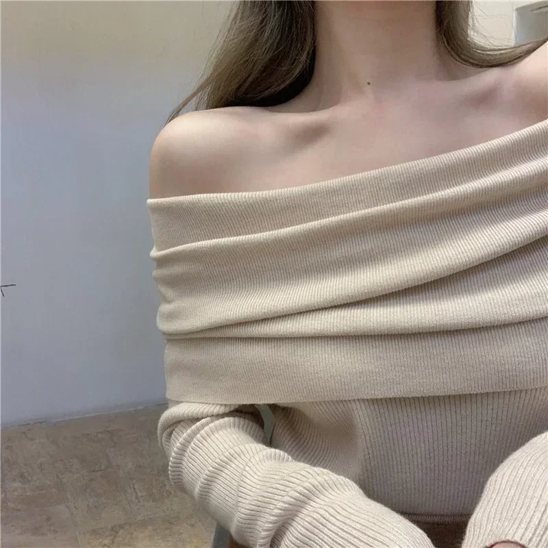 Ezgaga Off Shoulder Elegant Sweater Jumper Women Slash Neck Stretch Long Sleeve Pullover Solid All Match Outwear Korean Chic