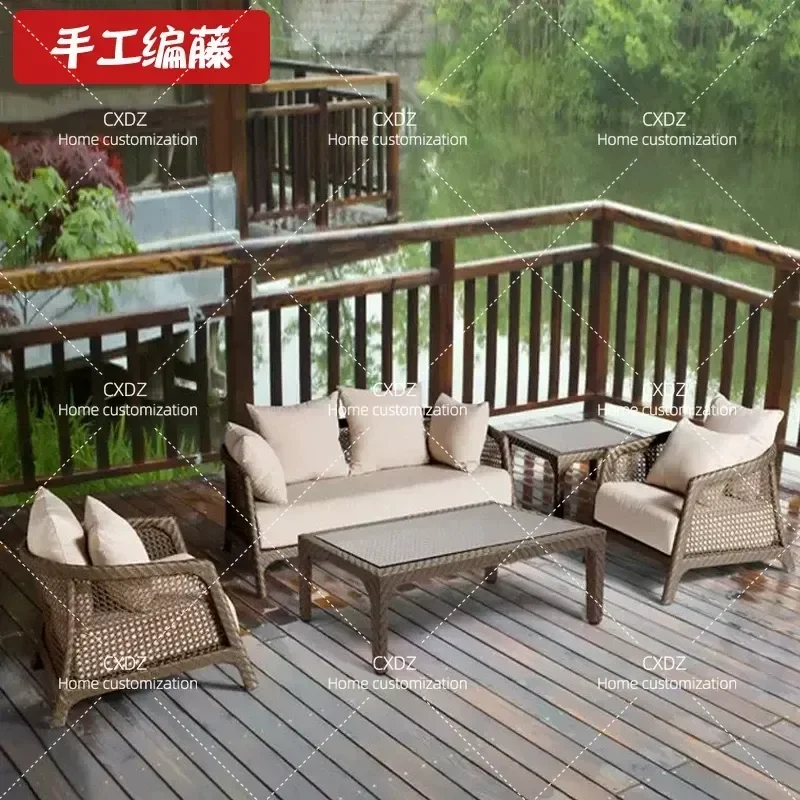 Outdoor Rattan Sofa Set with Coffee Table Waterproof Sunproof Patio Furniture for Balcony Courtyard Garden Leisure Seating
