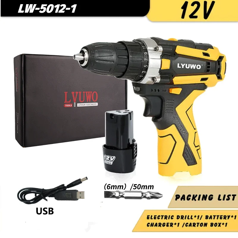 

Беспроводная Дрель LYUWO12V, перезаряжаемая литиевая батарея, электрическая отвертка, бытовой многофункциональный 2-скоростной Электрический инструмент USB