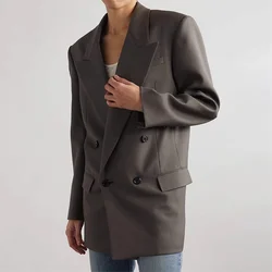 women's blazer 2024 autumn New in outerwears double breasted slim fit shoulder pads Women's jacket Wool blend long sleeved top