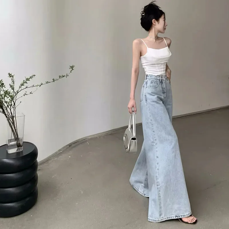 جينز نسائي واسع الساق كوري عالي الخصر فضفاض ملابس الشارع الشهير من قماش الدنيم سروال نسائي غير رسمي بسيط بمزاج فضفاض بنطلون نسائي