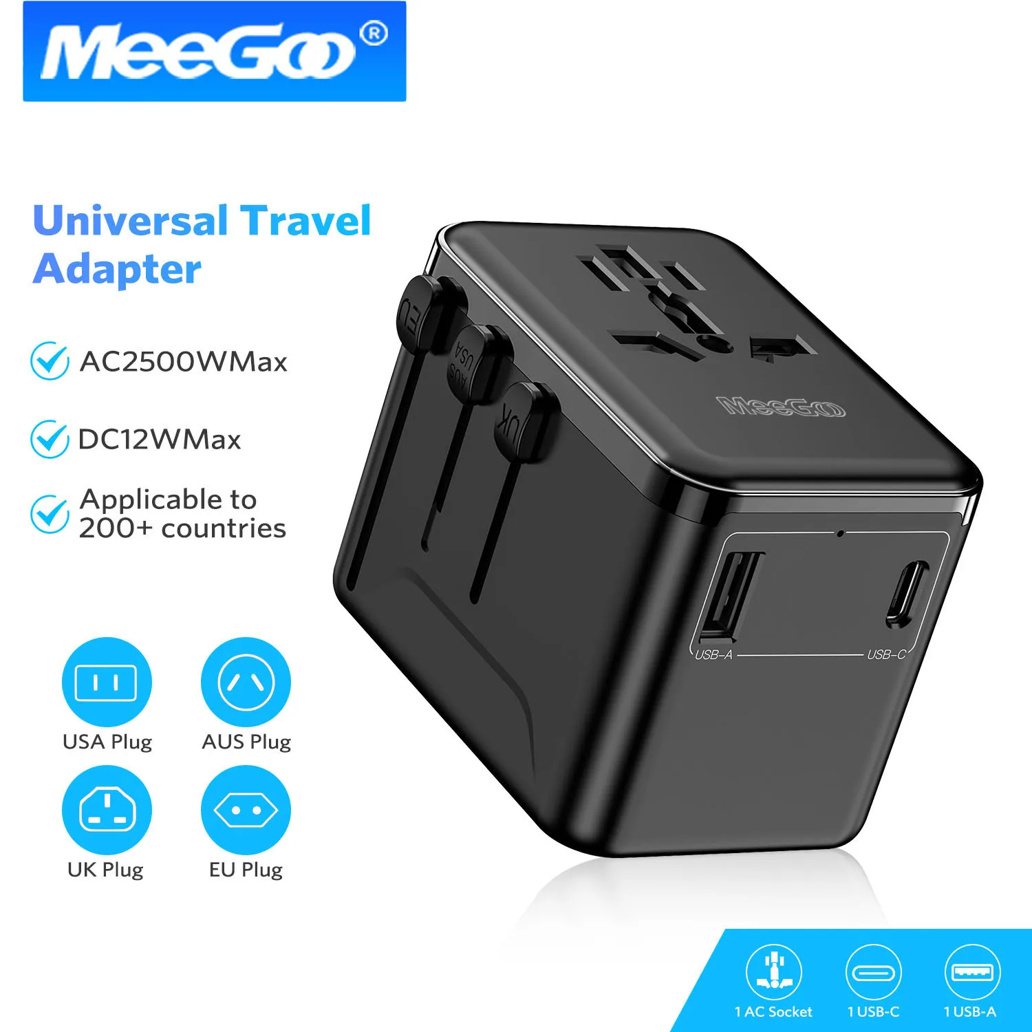 

MeeGoo Universal International Travel Adapter Fast Charging with USB+Type C Plug Portable Charger Wall Charger Adapter Phone