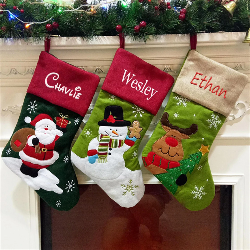 

Personalized Name Linen Santa Claus Embroidered Christmas Socks Christmas Gifts Happy New Year Christmas Tree Pendants Supply
