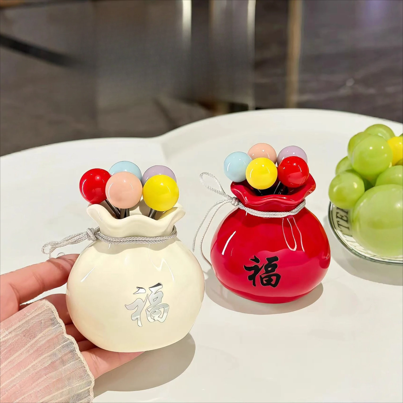 Creative Fu Bag Shaped Fruit Fork Set Rustproof Anti-scald Blessing Bag Fork Storage Box Reusable Home Decorative Tableware