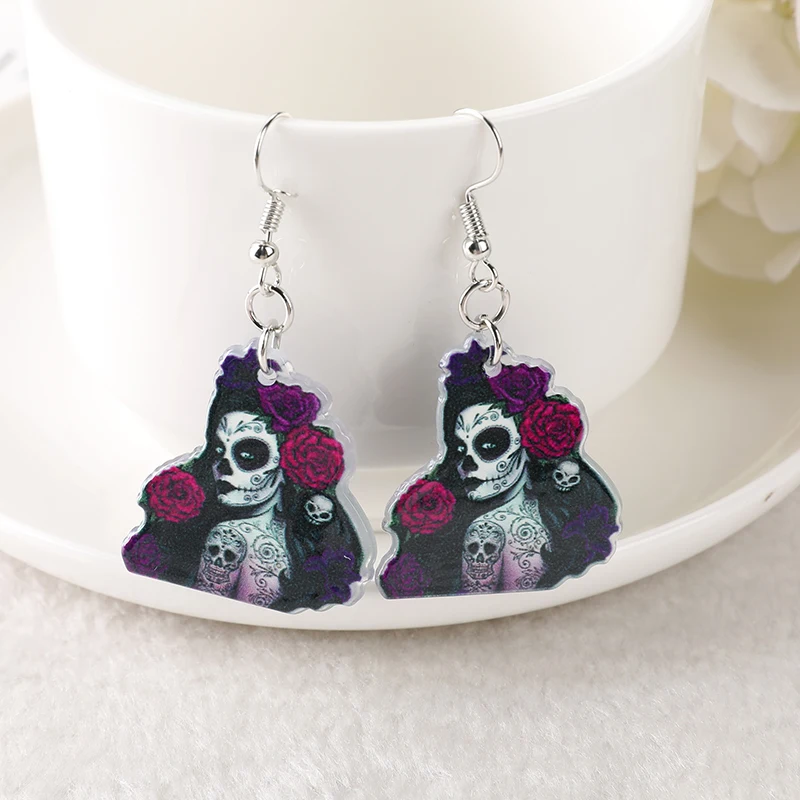 1Pair Halloween Day Of Dead Fashion Drop Earrings Creative Acrylic Mexican Skull Jewelry for Women Birthday Gift