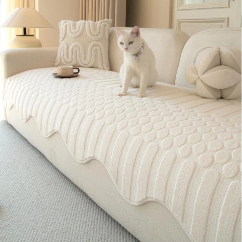 Solid Color Cat Scratch Resistant Sofa Cover Non-Slip Thickened Plush Velvet Irregular Seat Cushion Home Decor Sofa Slipcovers