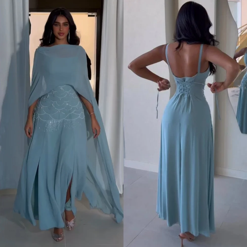 

Customized Exquisite Chiffon Pleat Sequined Pattern A-line Square Neck Midi Dresses Bespoke Occasion High Quality