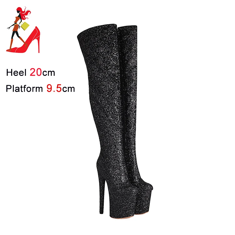 Extreme Pole Dance Boots 20CM/8InchOver the knee Boots Autumn Winter Platform High Heels Bling Glitter Women Shoes Large Size 43