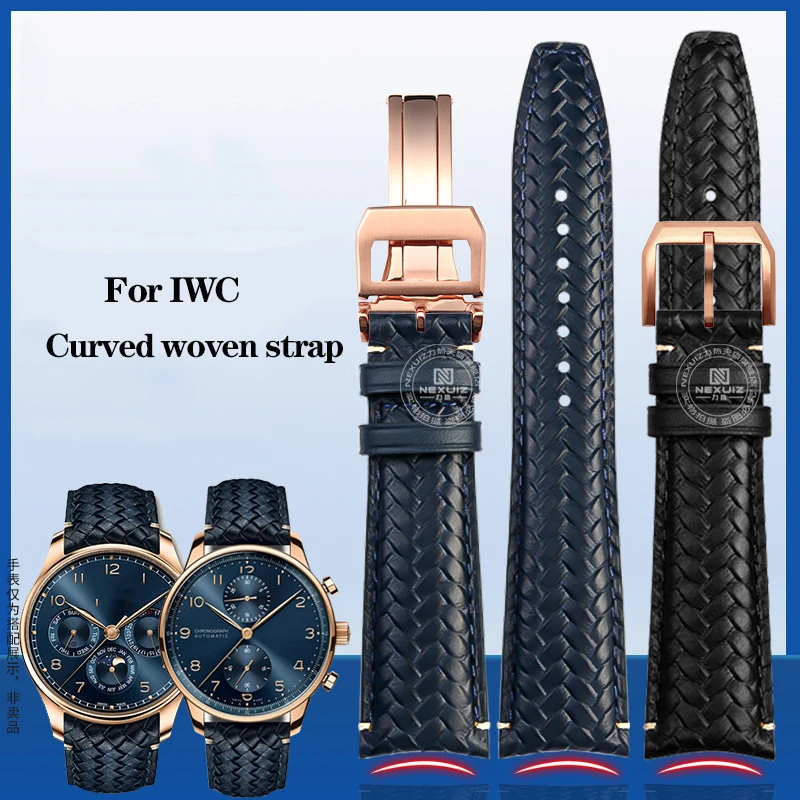 Curved Leather Strap Woven Pattern for IWC IW344205 Portuguese Portofino Pilot Little Prince Mark 18 Bracelet Watchband 20 22mm