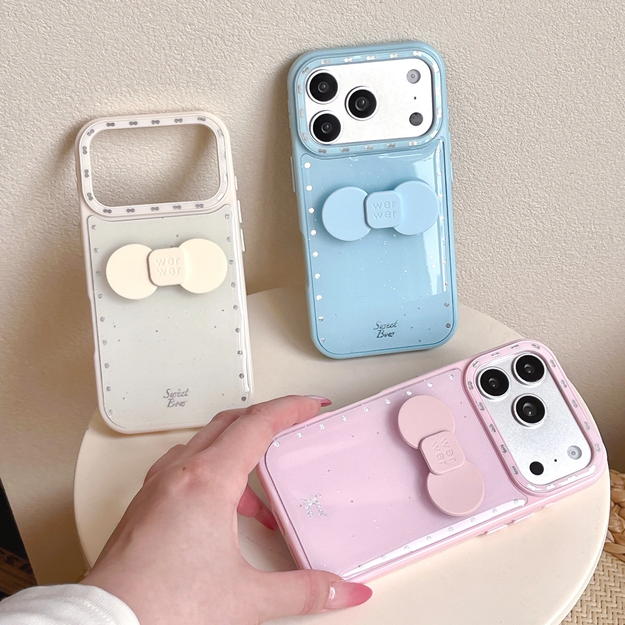 

Minimalist Solid Color Gold Plated Bowknot Stand Phone Case, Cute Protective Cover for iPhone 17/1615/14 Pro Max For Women Girls