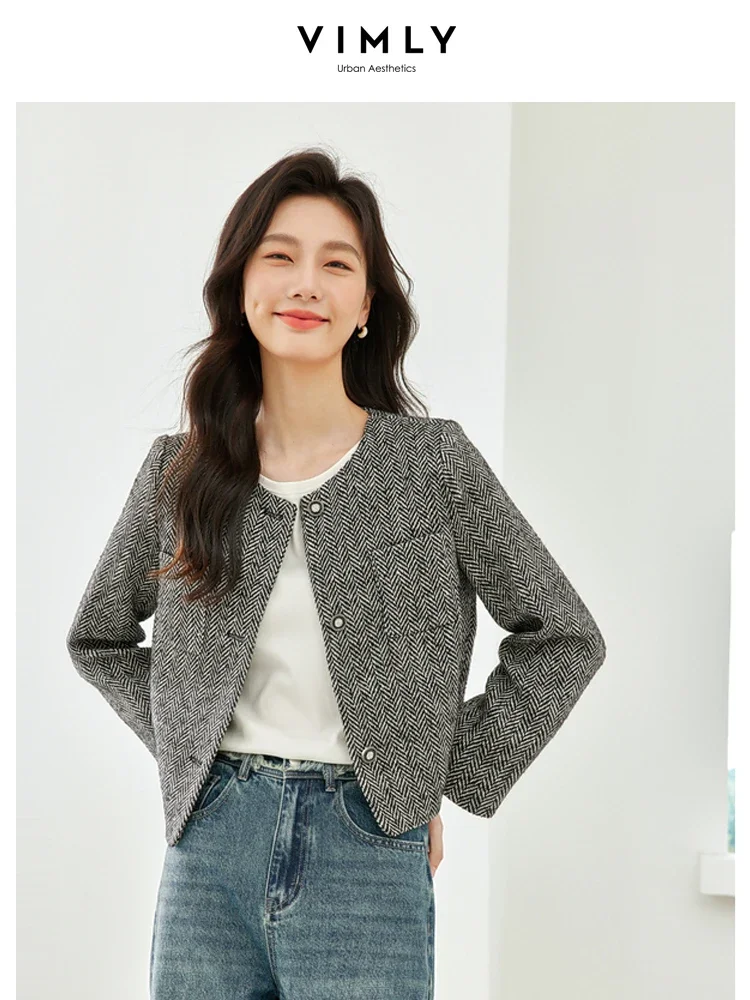 Vimly Sequins Tweed Cropped Jacket Women 2023 Straight O-neck Long Sleeve Elegant Spring Short Coat Office Ladies Clothing V7600