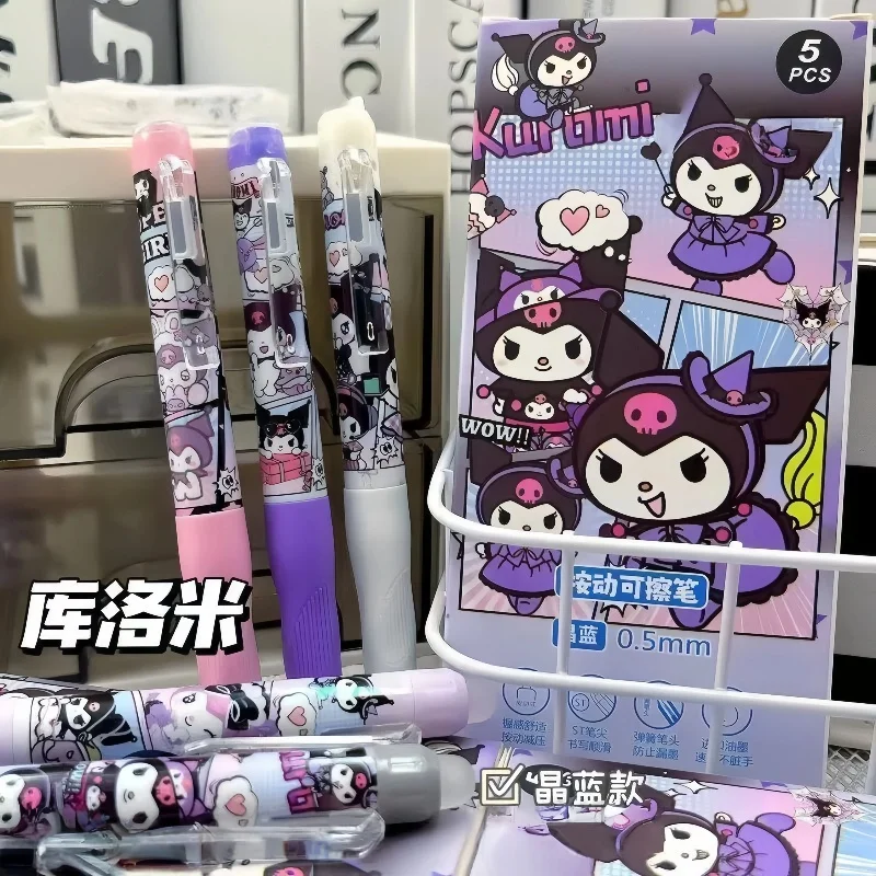 

5 pieces/box Cartoon Kuromi Click Erasable Pen Ins High-Value Office School Special Blue 0.5mm Easy-Erase Cute Cartoon Pen
