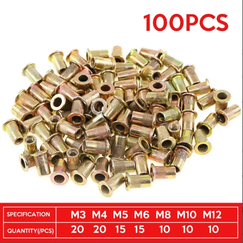 

100pcs Rivet Nut 1/4-20UNC Carbon Steel Flat Head Rivnut Threaded Insert Nut Knurled Body (1/4''-20)