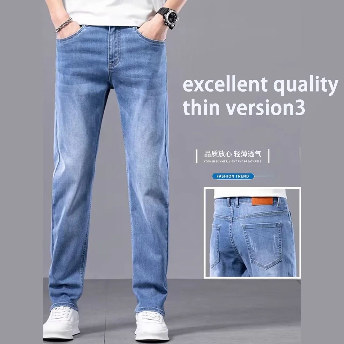 Spodnie męskie slim fit z denimu na rok 2025, wysokiej jakości, modne, casualowe, ze ściągaczami na nogawkach, spodnie do kostki, niebieskie, czarne, inne kolory do wyboru.