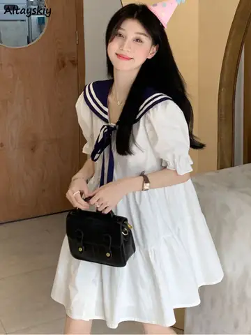 여성용 프레피 스타일 미니 화이트 드레스, 세일러 칼라, 스위트 캐주얼, 한국 패션, 학생용 올 매치 A 라인 드레스, 여름