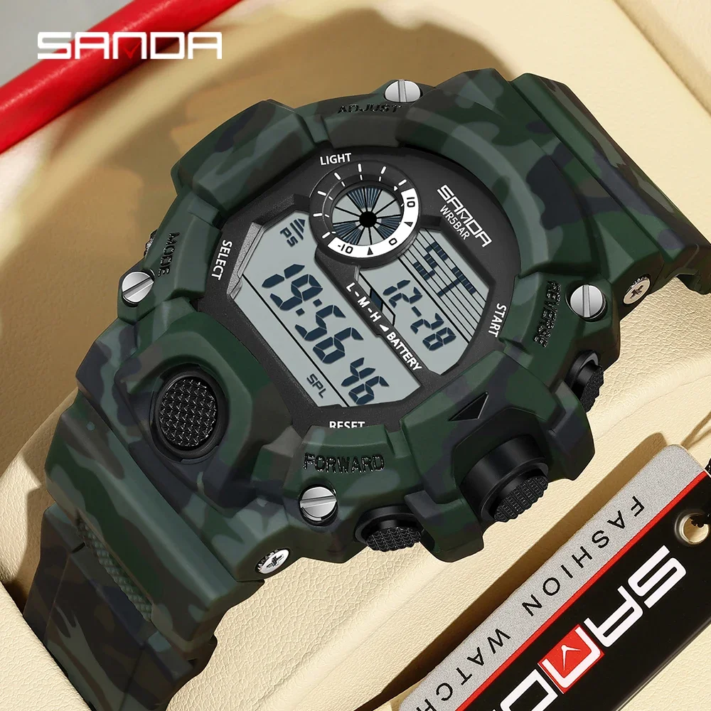 SANDA 2183 electronic watch camouflage military multifunctional waterproof day and night light calendar men\'s electronic watch