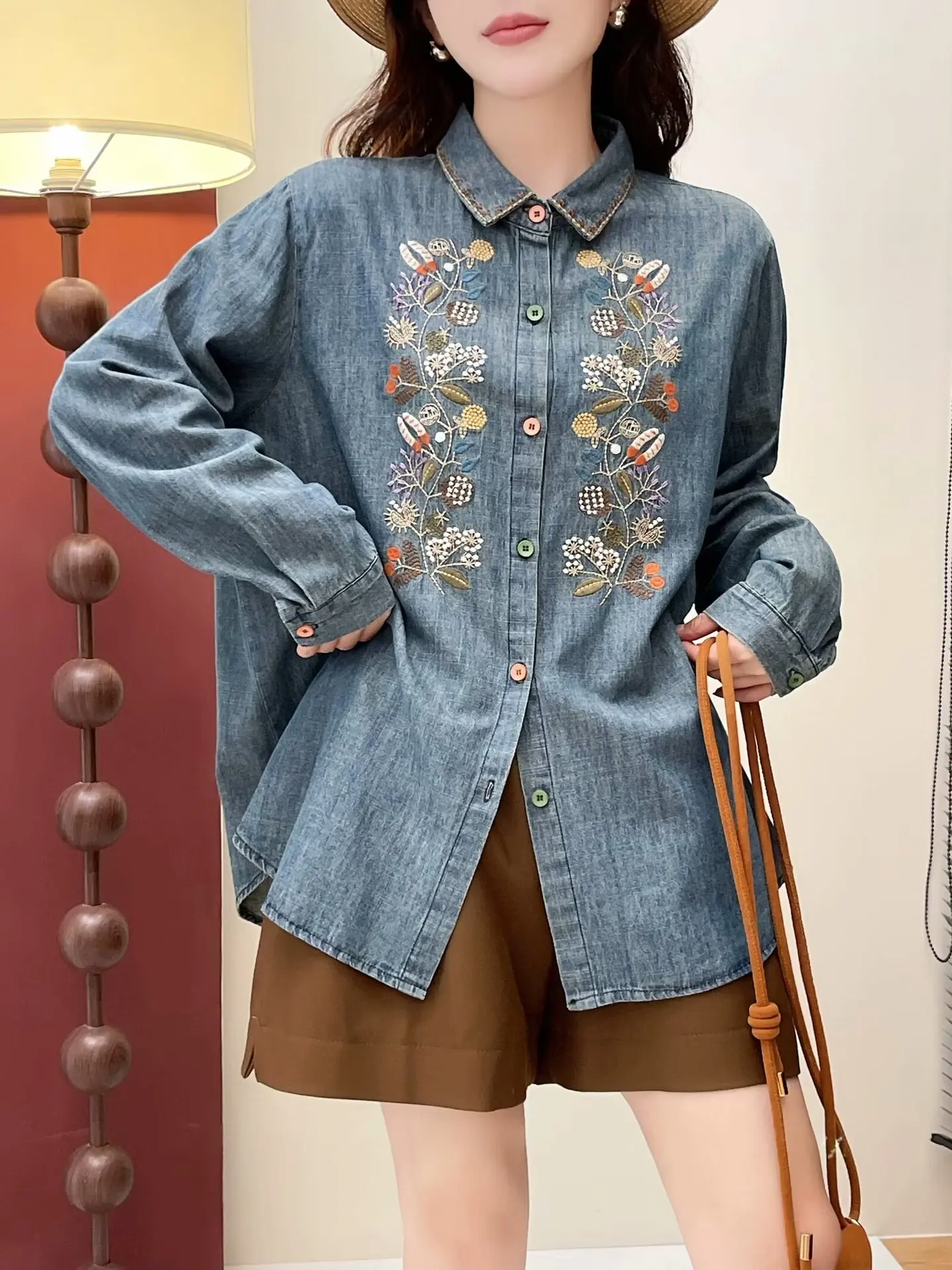 Fall clothes 2024 women spring Japan style vintage ethnic long sleeve shirt ethnic embroider denim shirts and blouses jean tops