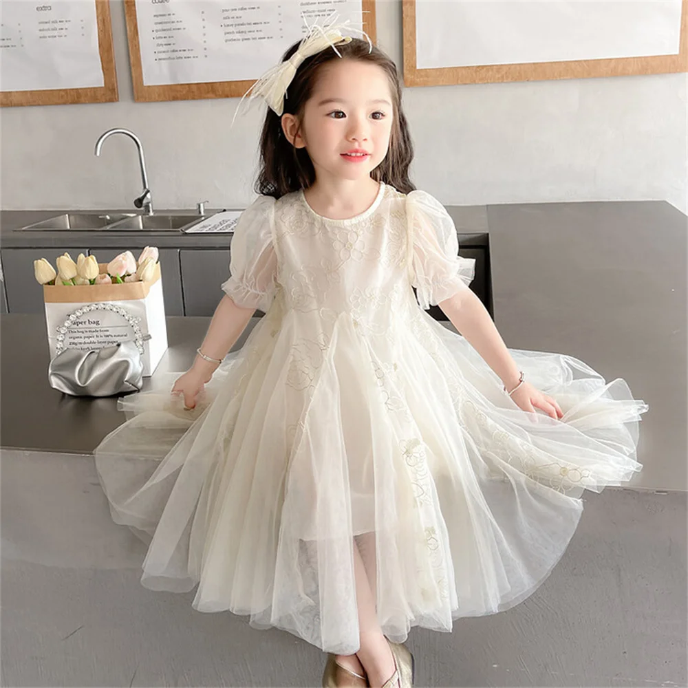 

3072 Children's Dress Summer Princess Dress Bubble Sleeve Mesh Dress Girl's Dress Baby Fluffy Skirt