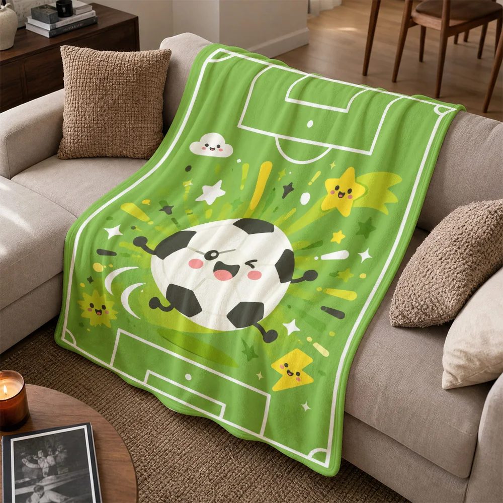 Adorable Cartoon Soccer Football Blanket Throw for Sofa Couch Living Room Decor Sports Fan Cozy Gift Plush Fleece Blanket