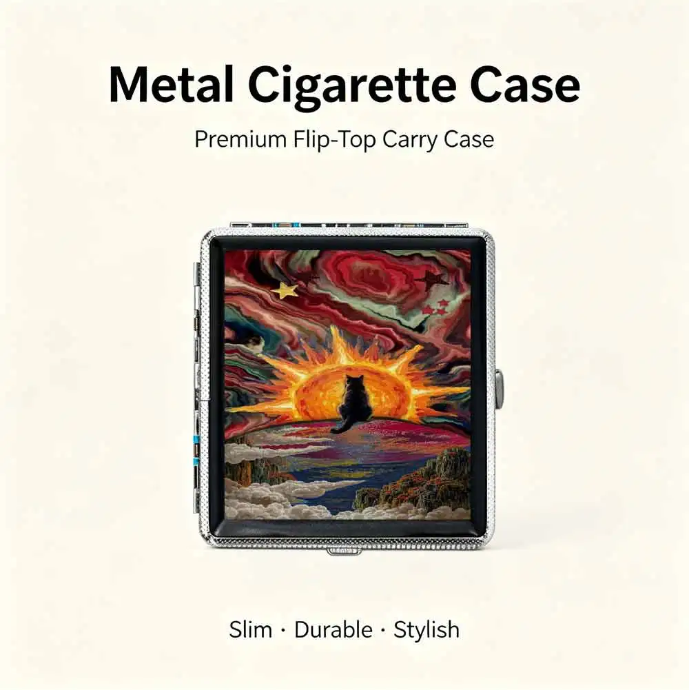 Cat, Sun, Moon, and Star Print Metal Cigarette Case, Smooth Opening and Closing, Portable and Pressure-Resistant, Elegant Pocket-Sized Cigarette Storage Box