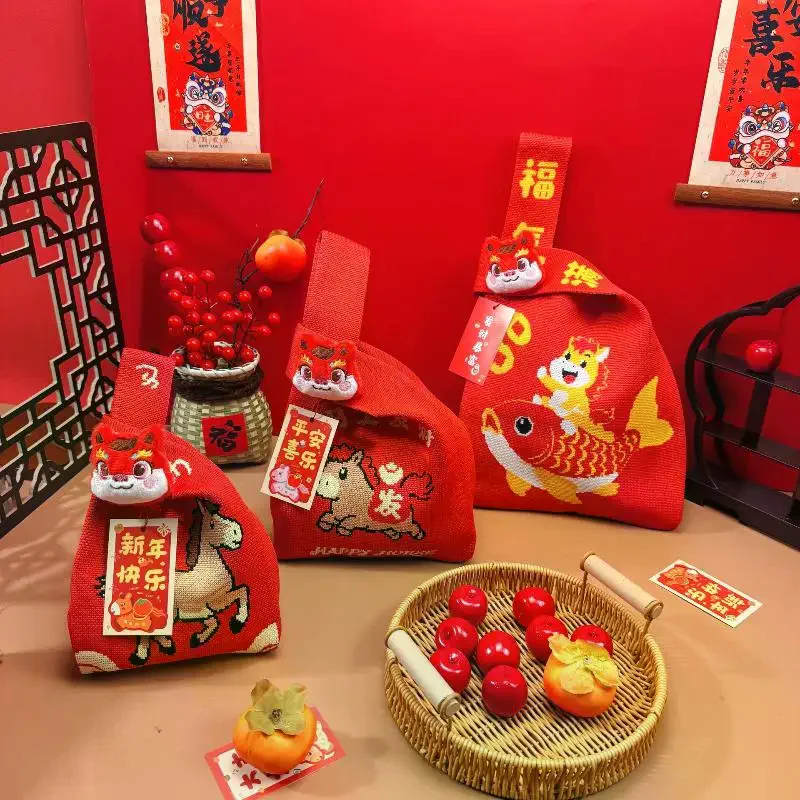 

Год лошади, красная сумка на запястье, мультяшный талисман, пони, вязаная сумка для конфет, многоразовая сумка для покупок, сумка для подарочной упаковки