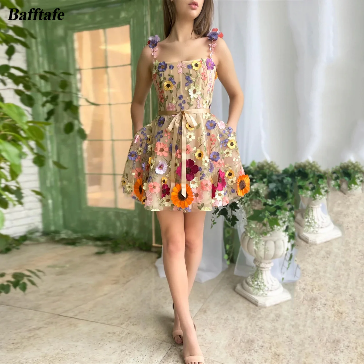 

Bafftafe Champagne Flowers Lace Mini Prom Dresses Embroidery Spaghetti Strap A Line Homecoming Party Gowns Women Formal Dress