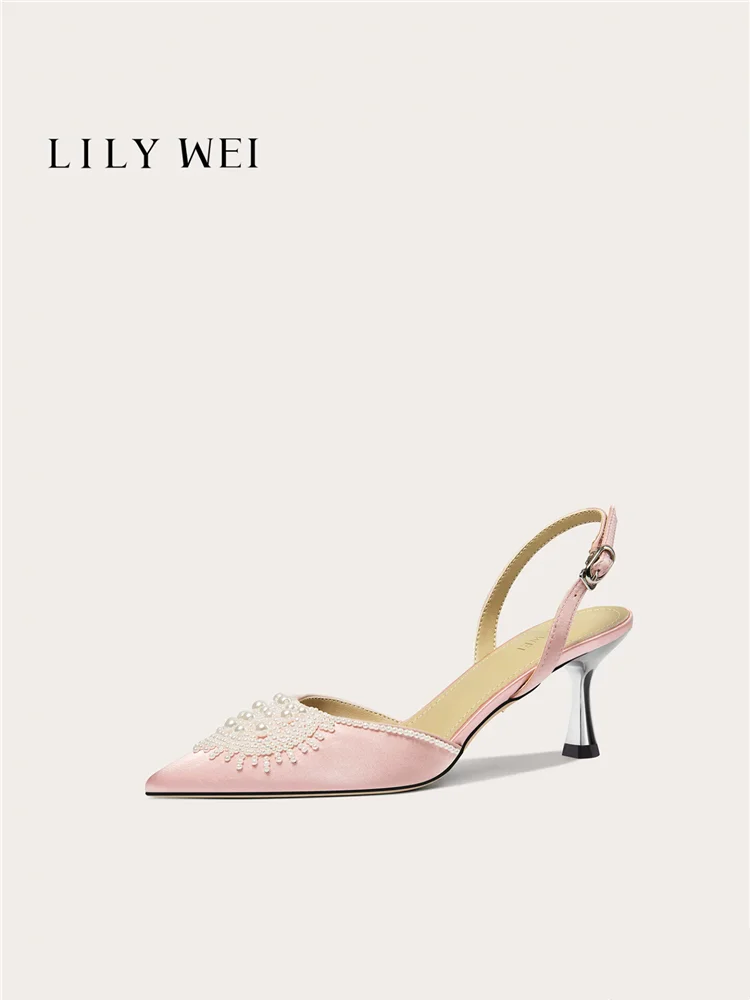 

Summer new pointed pink satin pearl low-heeled sandals banquet large size small size widened version high-heeled women's shoes
