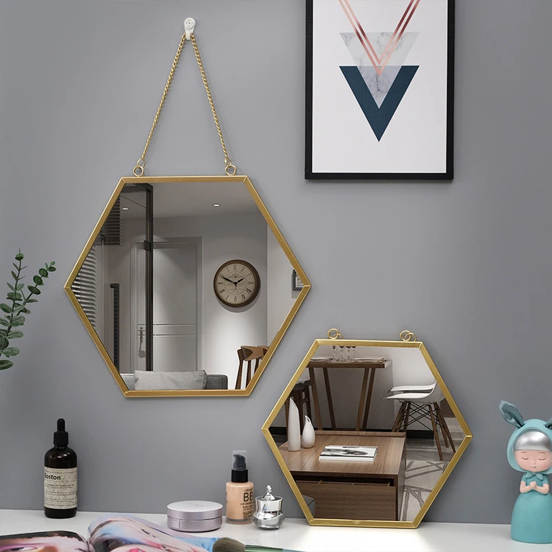 Nordic Creative Wall Hanging Decorative Mirror Home Decor Hexagon Round Wall-mounted Mirror Bedroom Bathroom Decoration Mirror