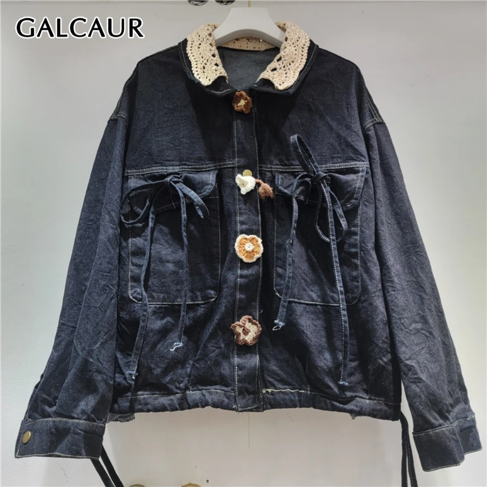 

GALCAUR Black Spliced Pocket Jacket Female Lapel Long Sleeve Patchwork Lace Up Streetwear Women's Jackets Autumn Style Fashion