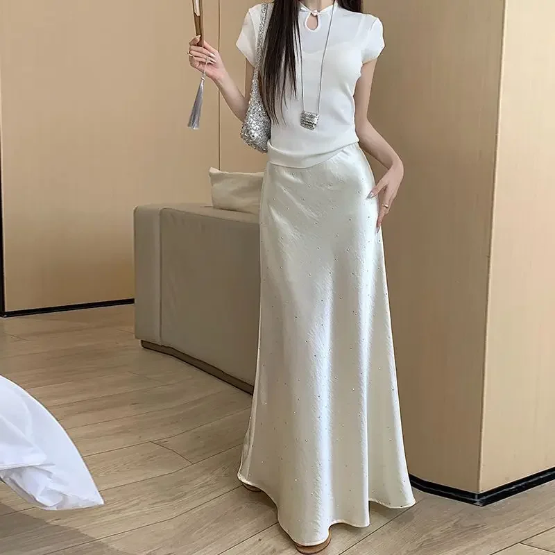 

Летние новые атласные полуюбки с уксусной кислотой, женские трапециевидные юбки с высокой талией средней длины, длинная юбка с запахом бедра, французская длинная юбка с горячими бриллиантами