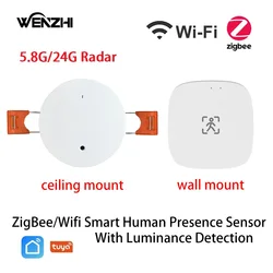 ZigBee-Sensor de movimiento de presencia humana MmWave, Wifi, con detección de luminancia/distancia, 5/110/220V, automatización del hogar, Tuya, Smart Life