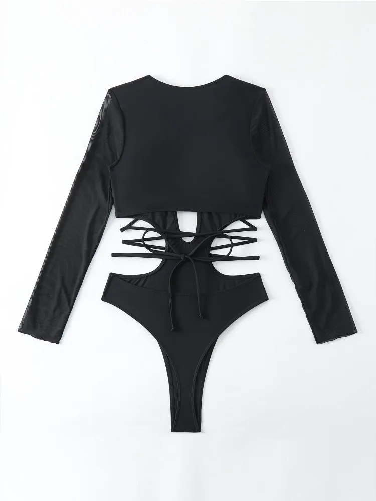 ผู้หญิง One Piece ชุดว่ายน้ําแขนยาวตัดรอบ High Cut บิกินี่ชุดว่ายน้ํา Beachwear traje de baño de mujer