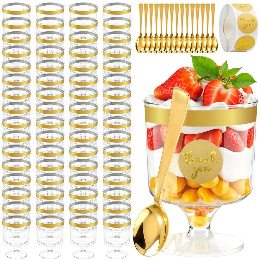 

136Pcs Dessert Cups with Gold Spoons, 5oz Mini Clear Appetizer Parfait Cups 66 PCS, Disposable Plastic Fruit Ice Cream Cake Pudd