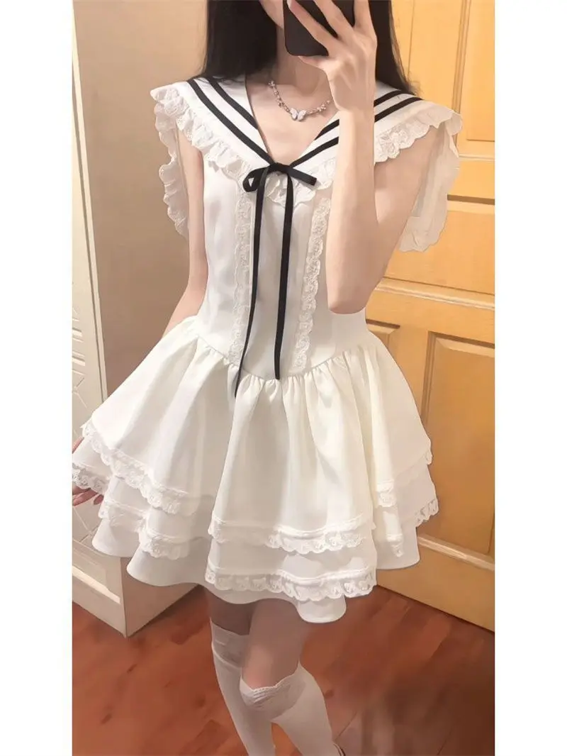 Robe d'été pour femmes, Mini robes épicées pour filles, Patchwork, garniture en dentelle, pompon solide, sans manches, robes de Style féerique douce, 2025