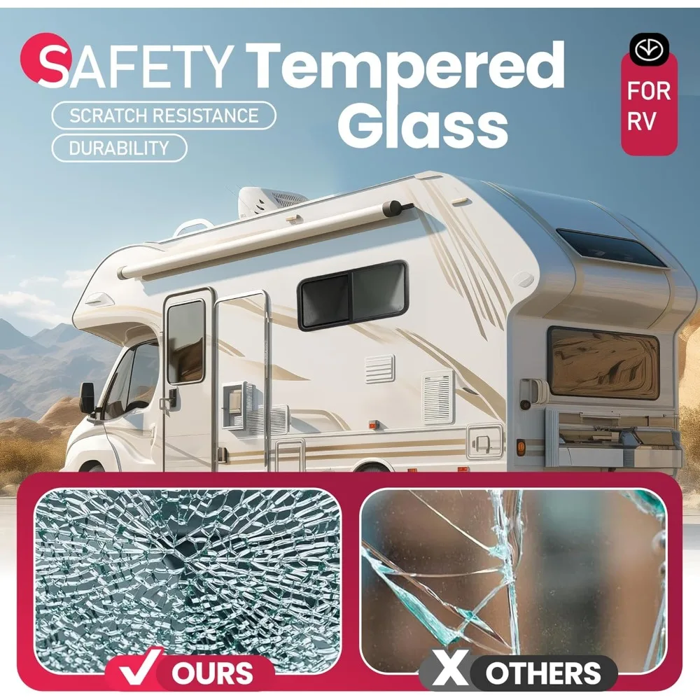 نافذة RV من الزجاج المقوى المنزلق الأفقي مع حواف مطلية بالمسحوق الأسود وشاشة شبكية، مجموعة من 2