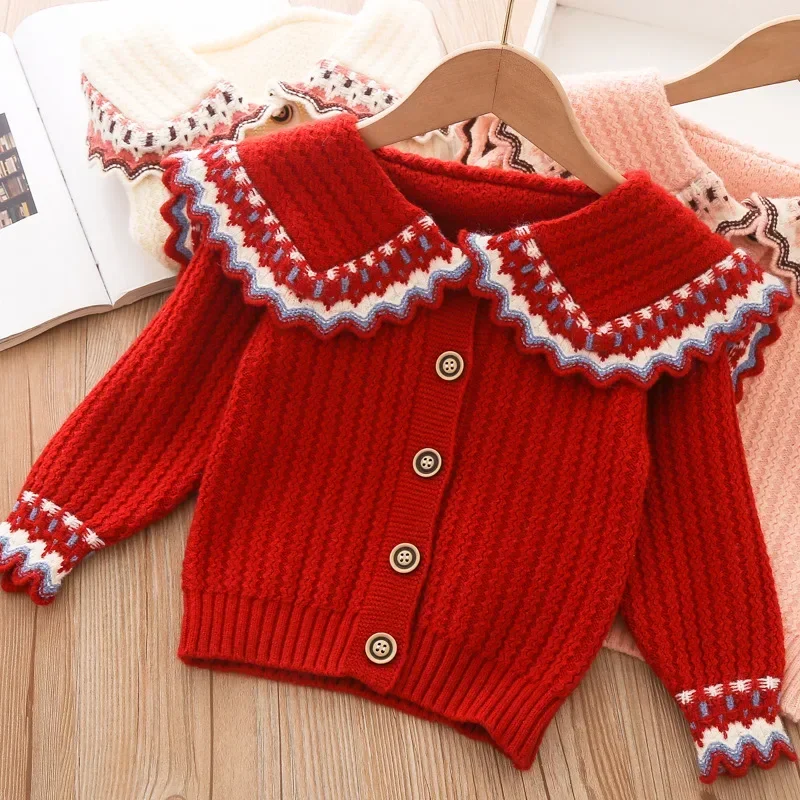 

2023 Girls Cardigan Sweater Autumn and Autumn Fashion Long Sleeve Cotton Top Lace Collar Korean Style Kids Toddler Sweaters