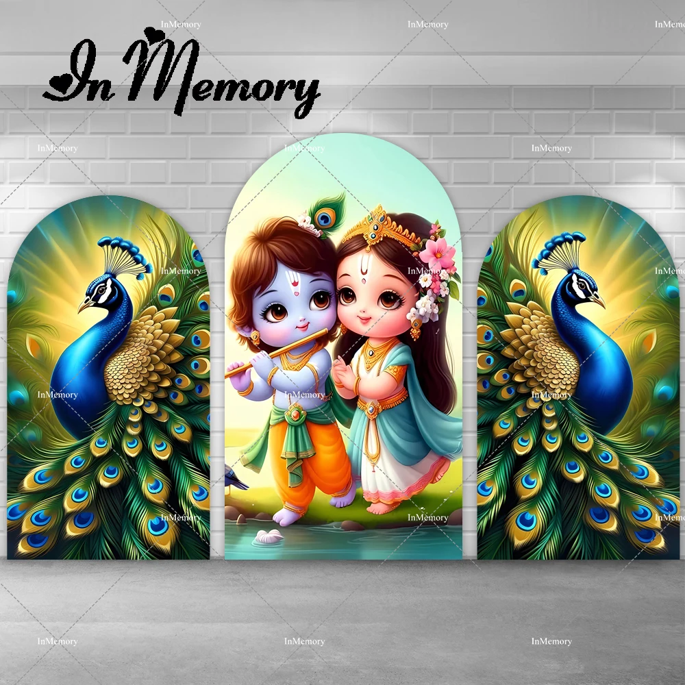 9 خيارات مخصصة على الوجهين الهندي ياشودا وكريشنا قوس خلفية غطاء الطاووس التصوير الخلفيات مجموعة استوديو الصور