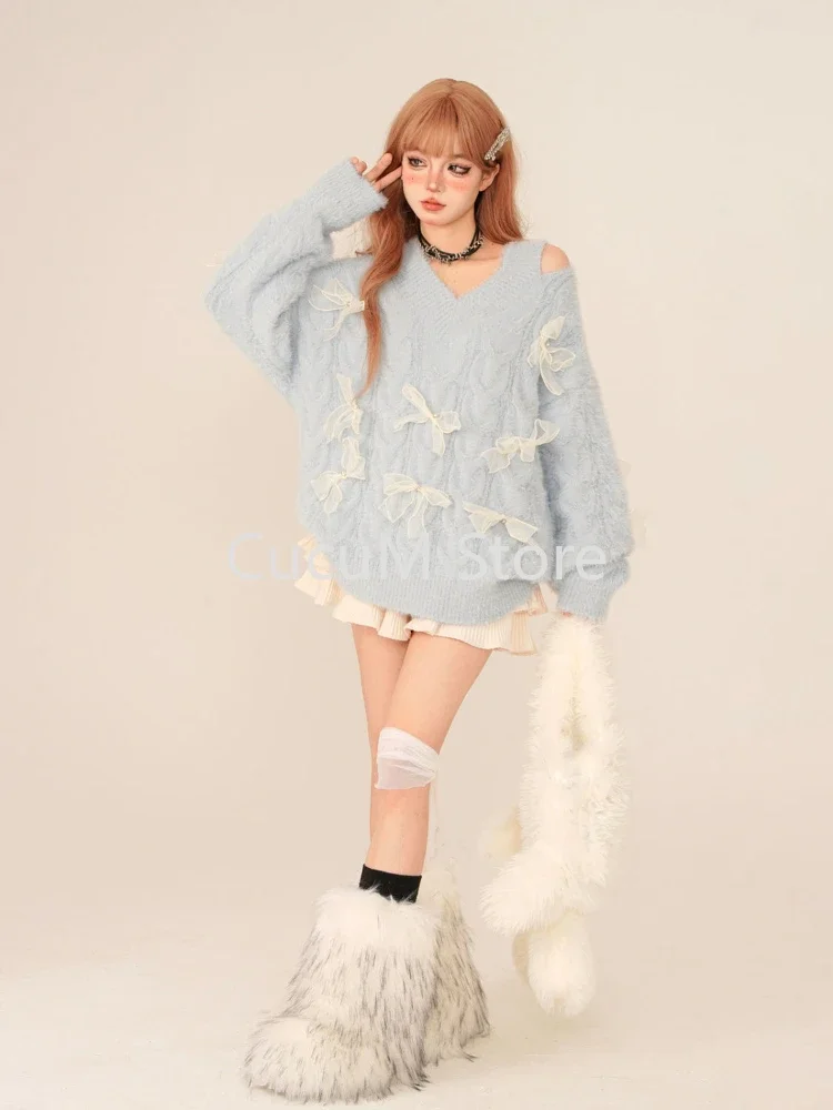 2024 New Elegant Knitted Sweater Woman Loose Casual Korean Fashion Pullovers Aesthetic Kawaii Sweet Pure Color Jumpers E-girls