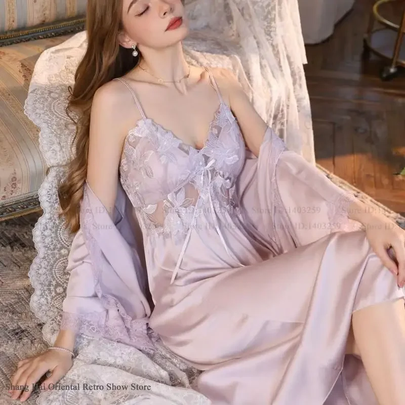 

Сексуальный женский комплект-двойной халат, комплект одежды для сна, сексуальная лоскутная кружевная ночная рубашка, нижнее белье, элегантный шелковый атласный длинный халат, свободная домашняя одежда